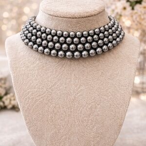 Gray Faux Pearl Stretch Choker Necklace With FREE EARRINGS VINTAGE